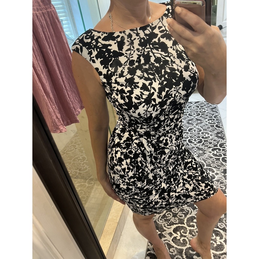 White House Black Market Floral Mock Wrap Dress XS Black White Ruched Sheath